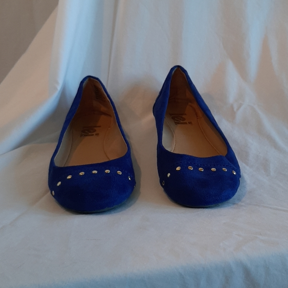 Royal blue faux suede flats with gold stud details